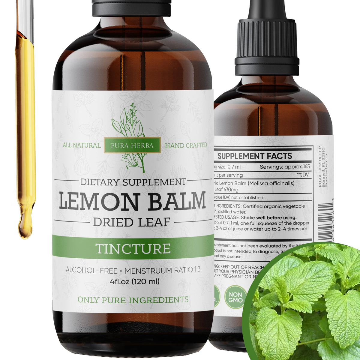 Pura Herba Lemon Balm Tincture bottle 4 oz for daily calm.