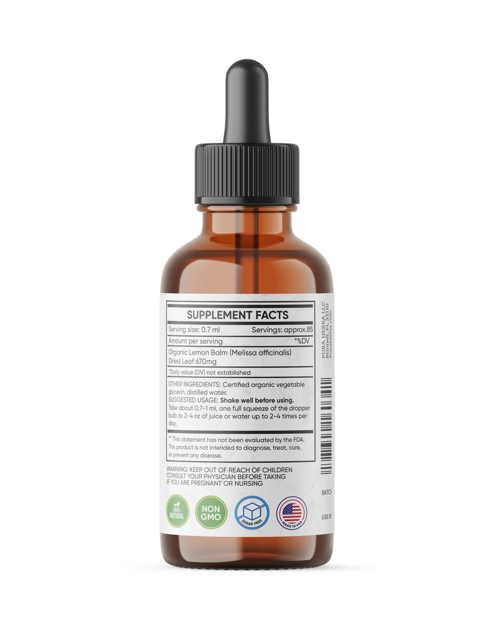 Pura Herba Lemon Balm tincture for family use, alcohol-free.