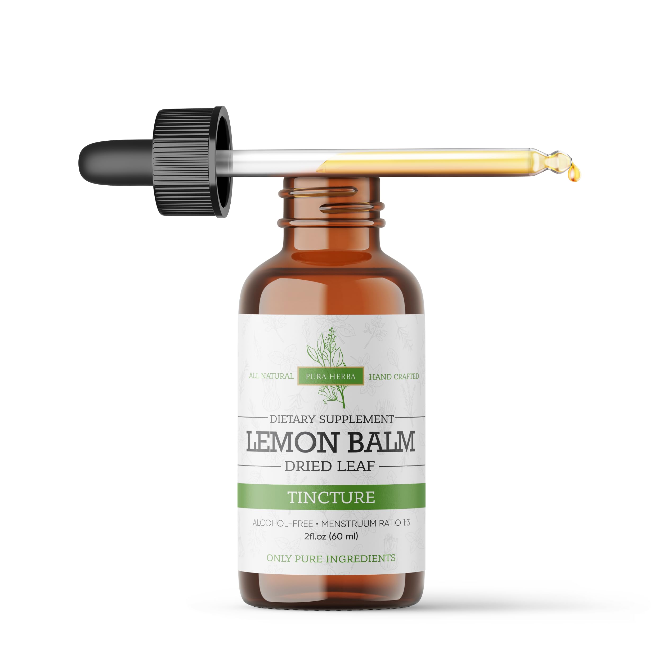 Pura Herba Lemon Balm tincture pouring into tea for relaxation.