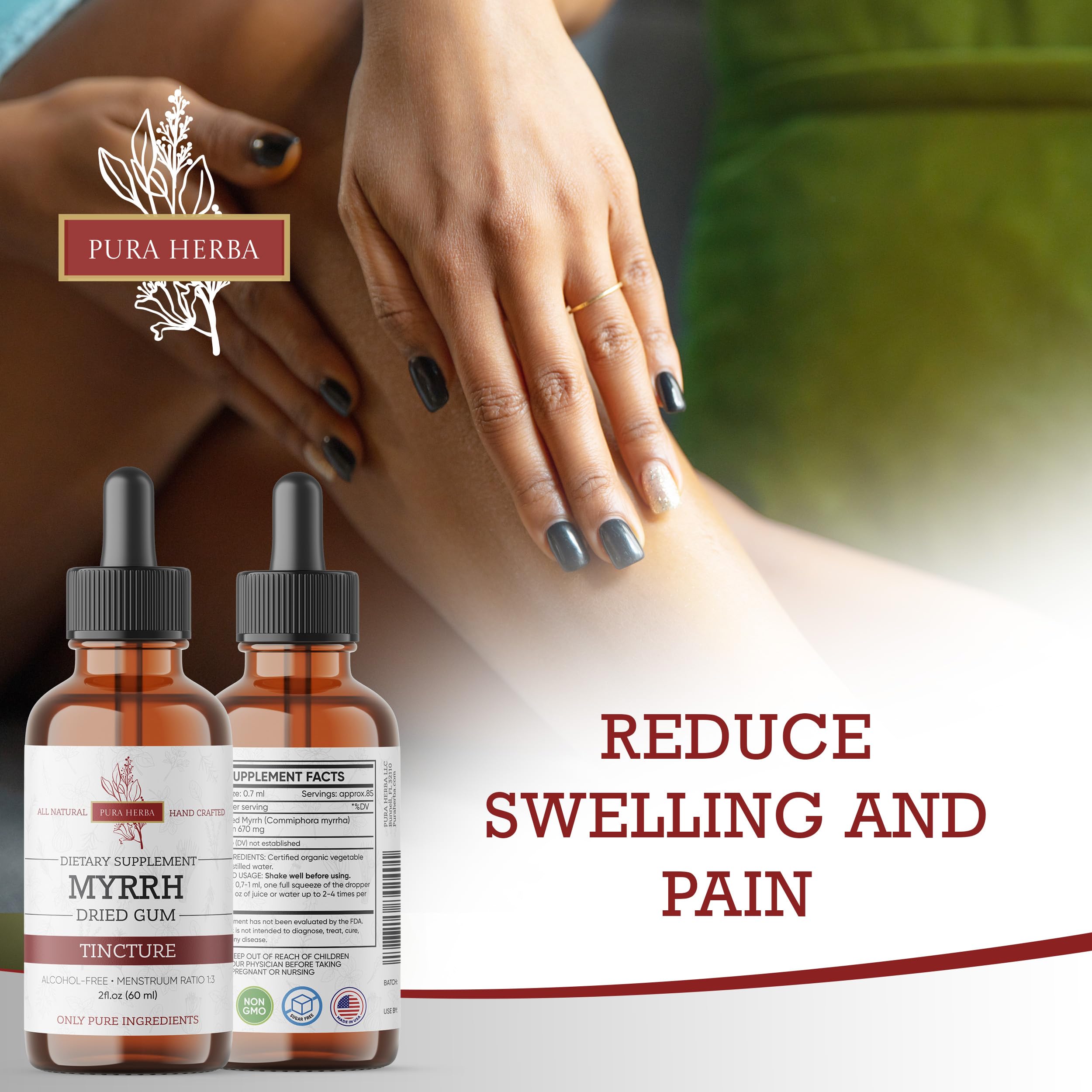 Pura Herba Myrrh tincture pour demonstrates convenient dosage for daily routines.