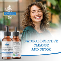 Pura Herba Organic Wormwood product label emphasizes USA-made, alcohol-free tincture