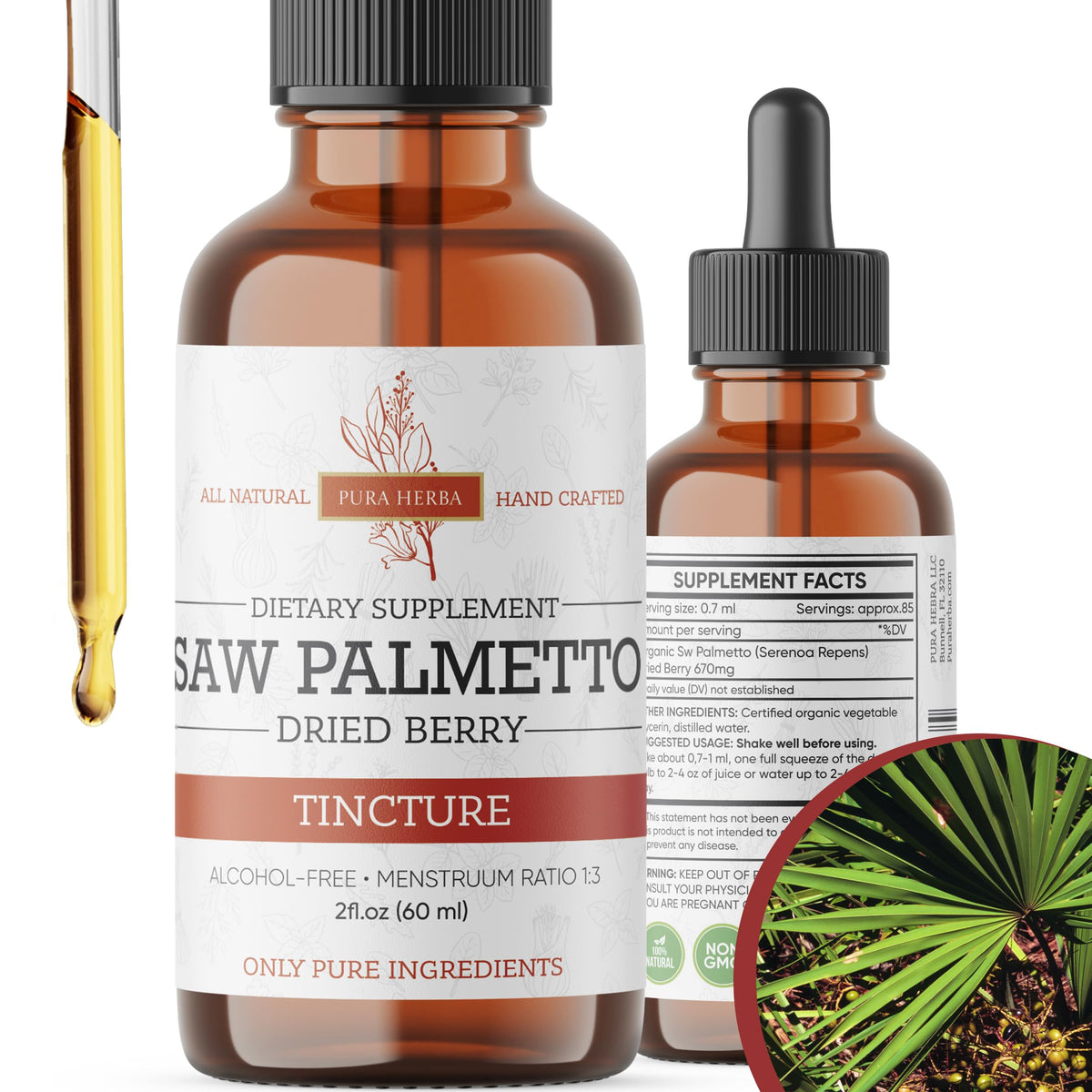 Pura Herba Saw Palmetto Tincture bottle close-up, alcohol-free extract for daily use.