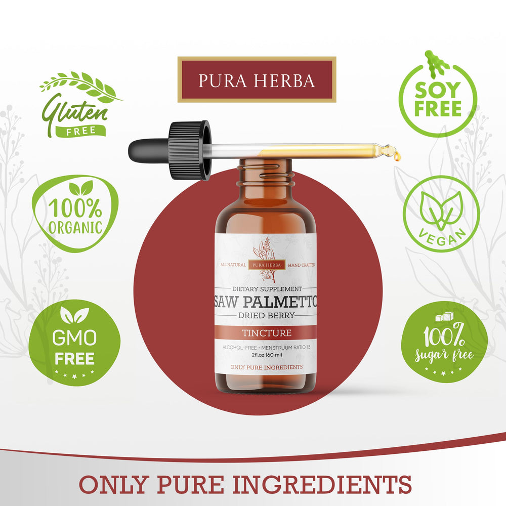 Pura Herba Saw Palmetto Tincture compact 2 oz bottle for on-the-go use.