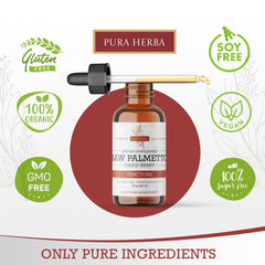 Pura Herba Saw Palmetto Tincture compact 2 oz bottle for on-the-go use.