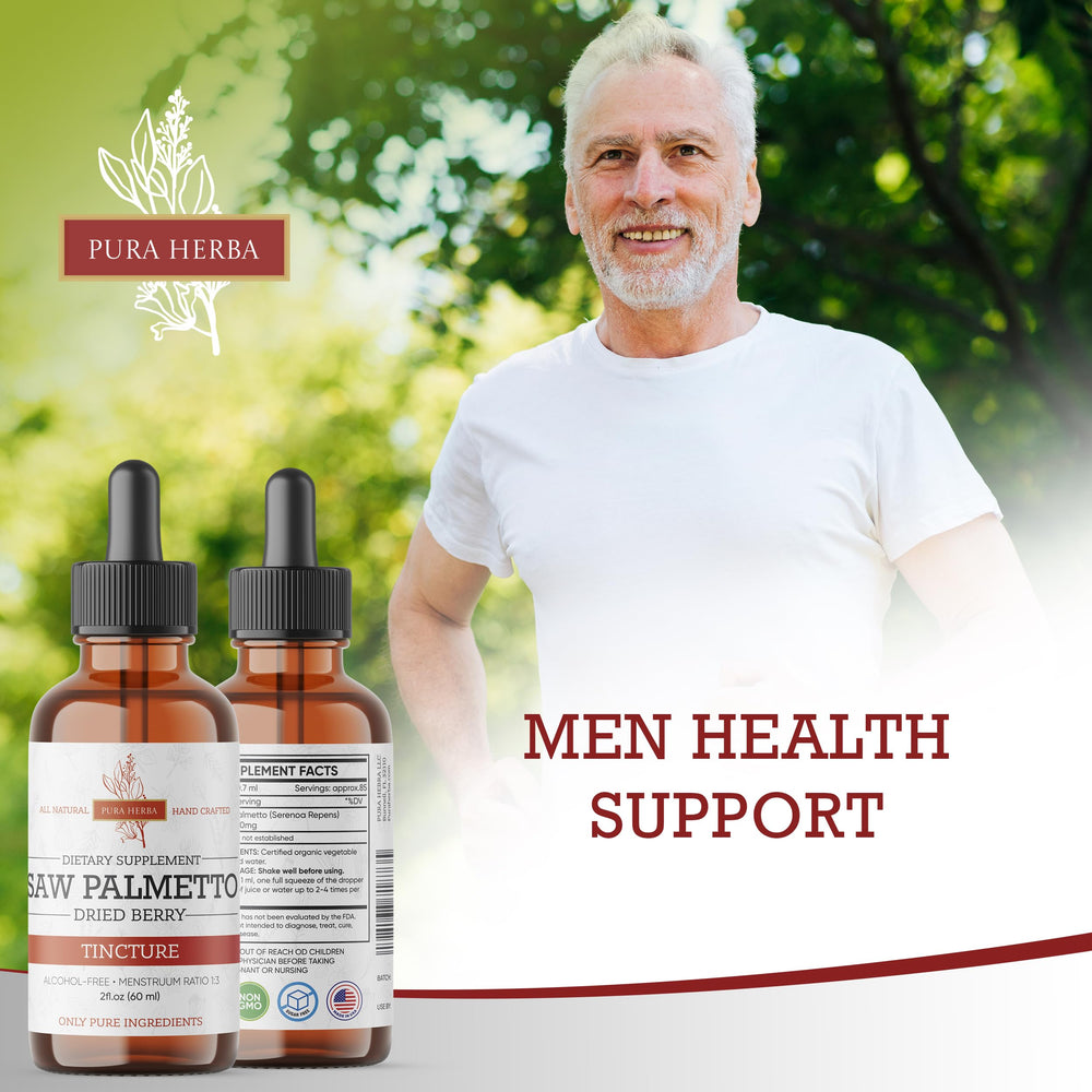 Pura Herba Saw Palmetto Tincture dropper pouring into a glass for easy dosing.