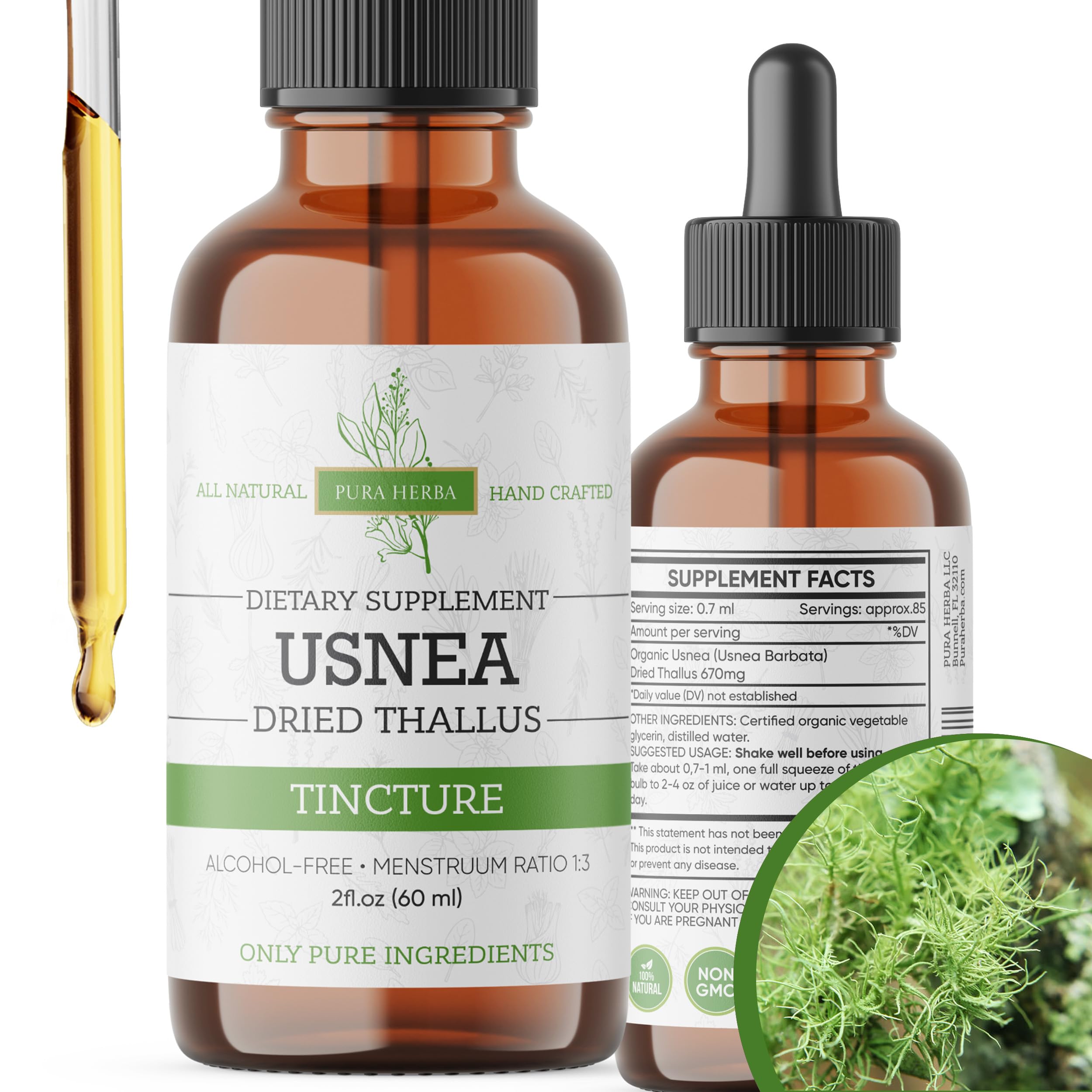 Pura Herba Usnea bottle pour for easy daily dosing