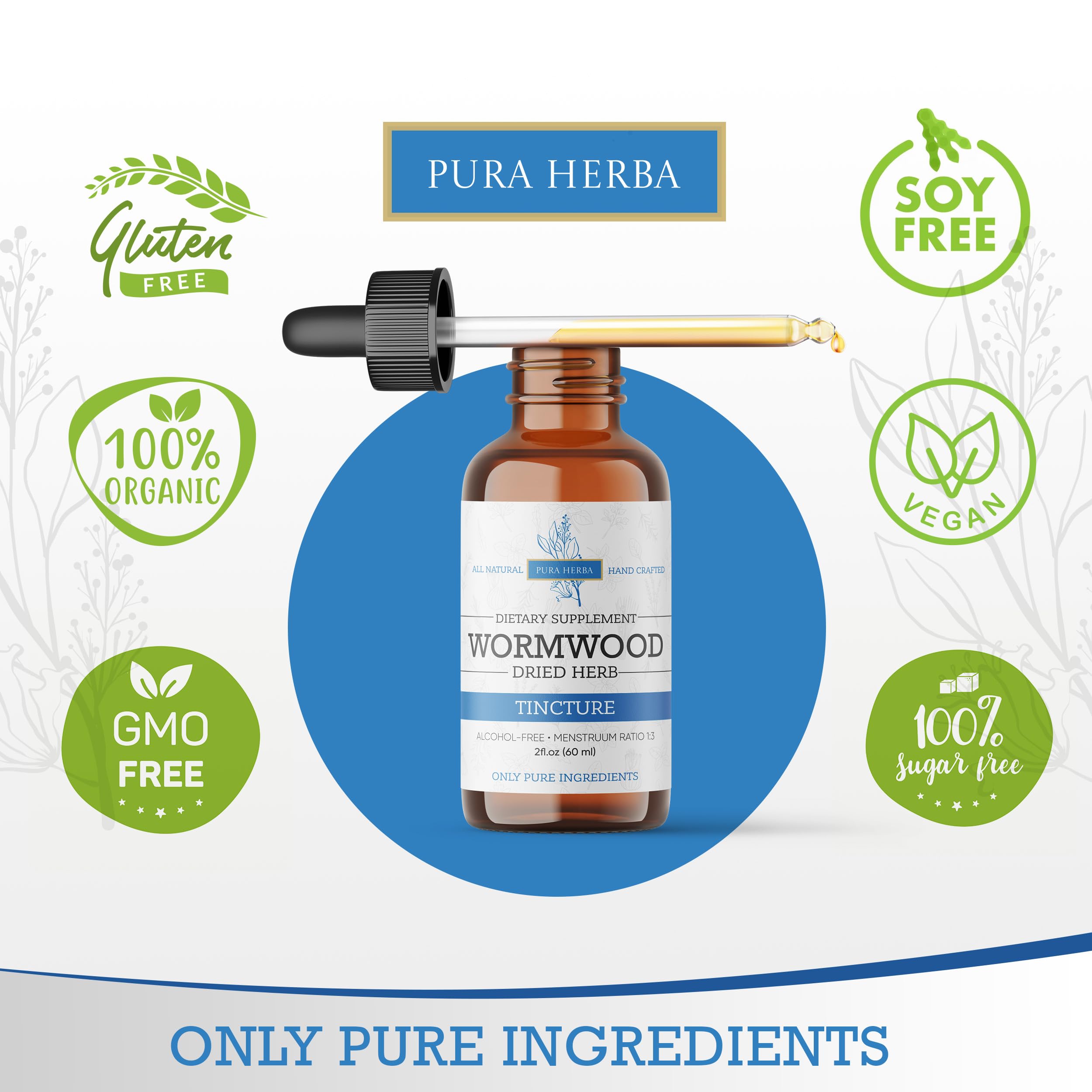 Pura Herba Wormwood Tincture label close-up showcases quality organic ingredients.