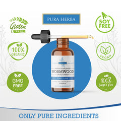 Pura Herba Wormwood Tincture label close-up showcases quality organic ingredients.