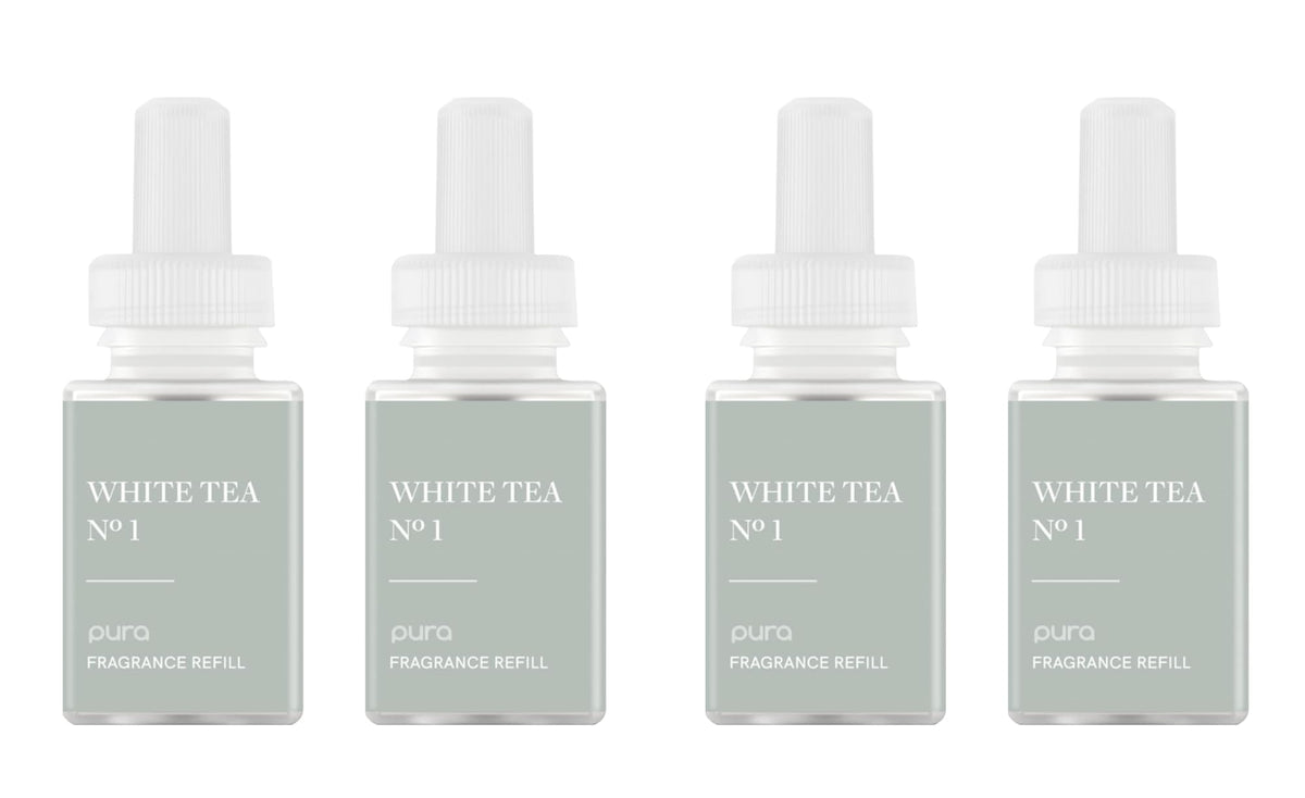 Pura White Tea No.1 refill pack ready for swap, delivering lasting aroma.