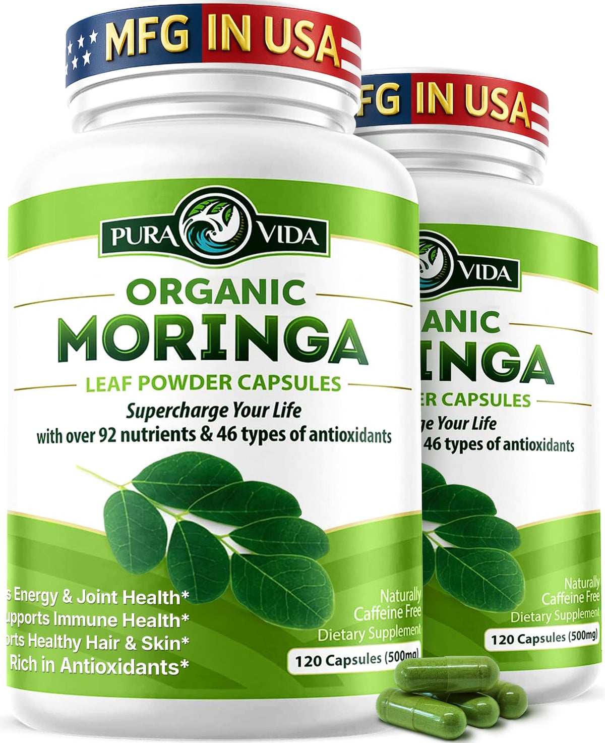 PURA VIDA MORINGA capsules bottle pour for daily energy support