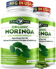 PURA VIDA MORINGA capsules bottle pour for daily energy support