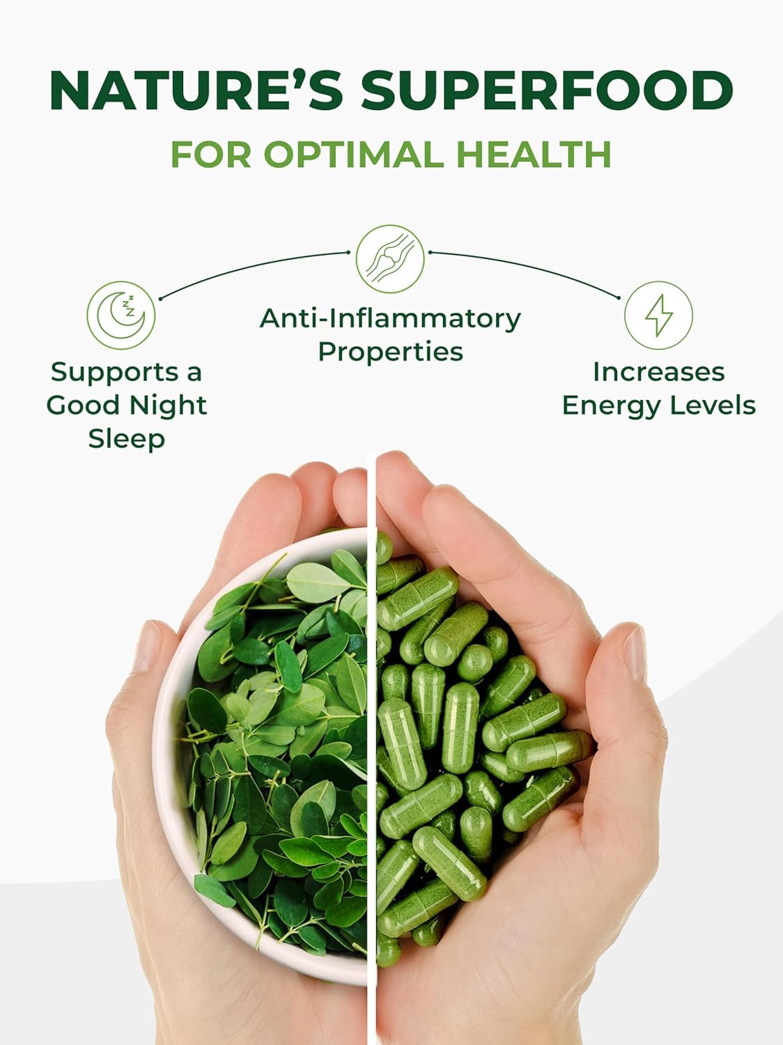 PURA VIDA MORINGA capsules highlighting energy and metabolism support