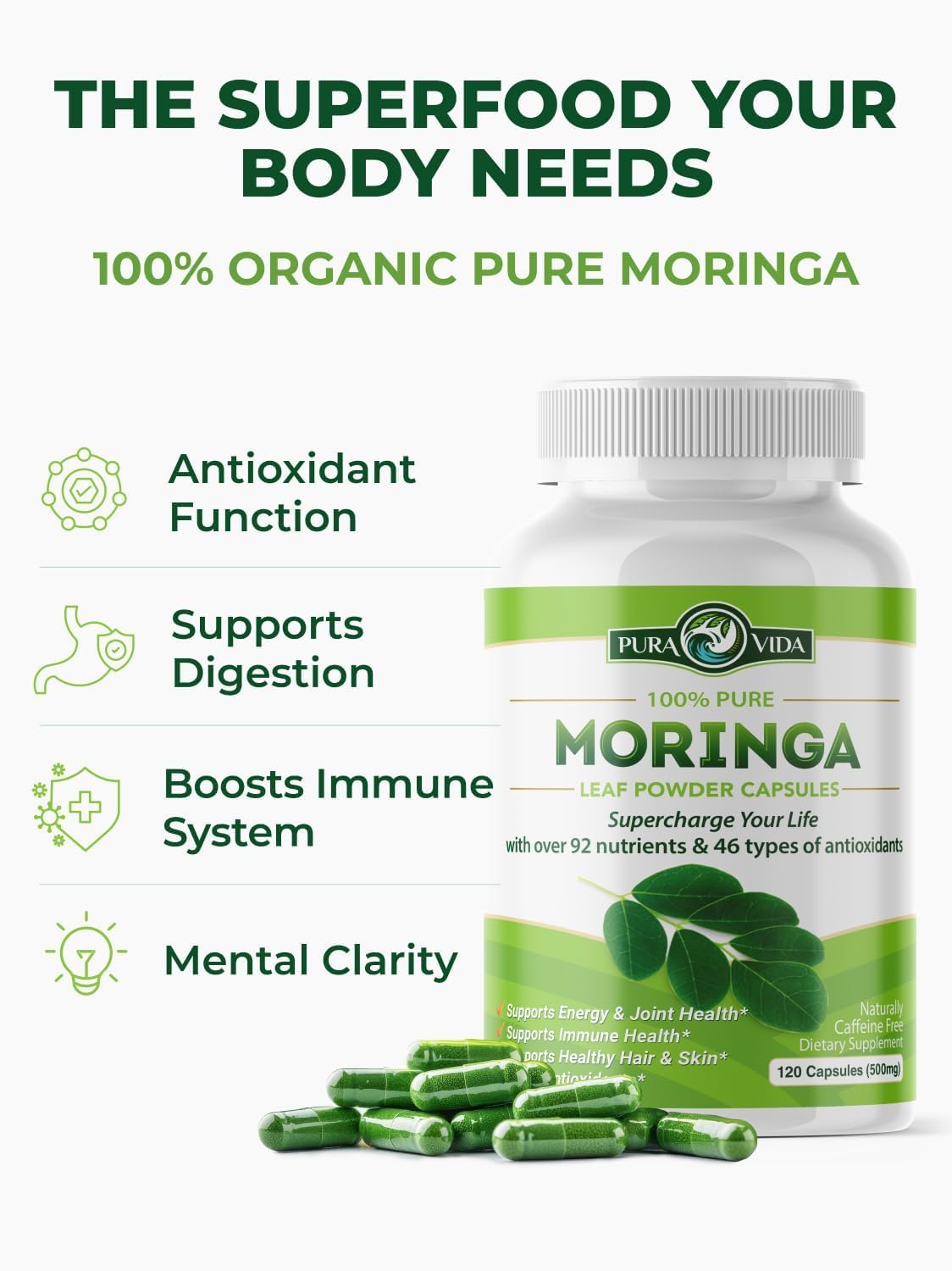 PURA VIDA MORINGA capsules on shelf for easy supplementation