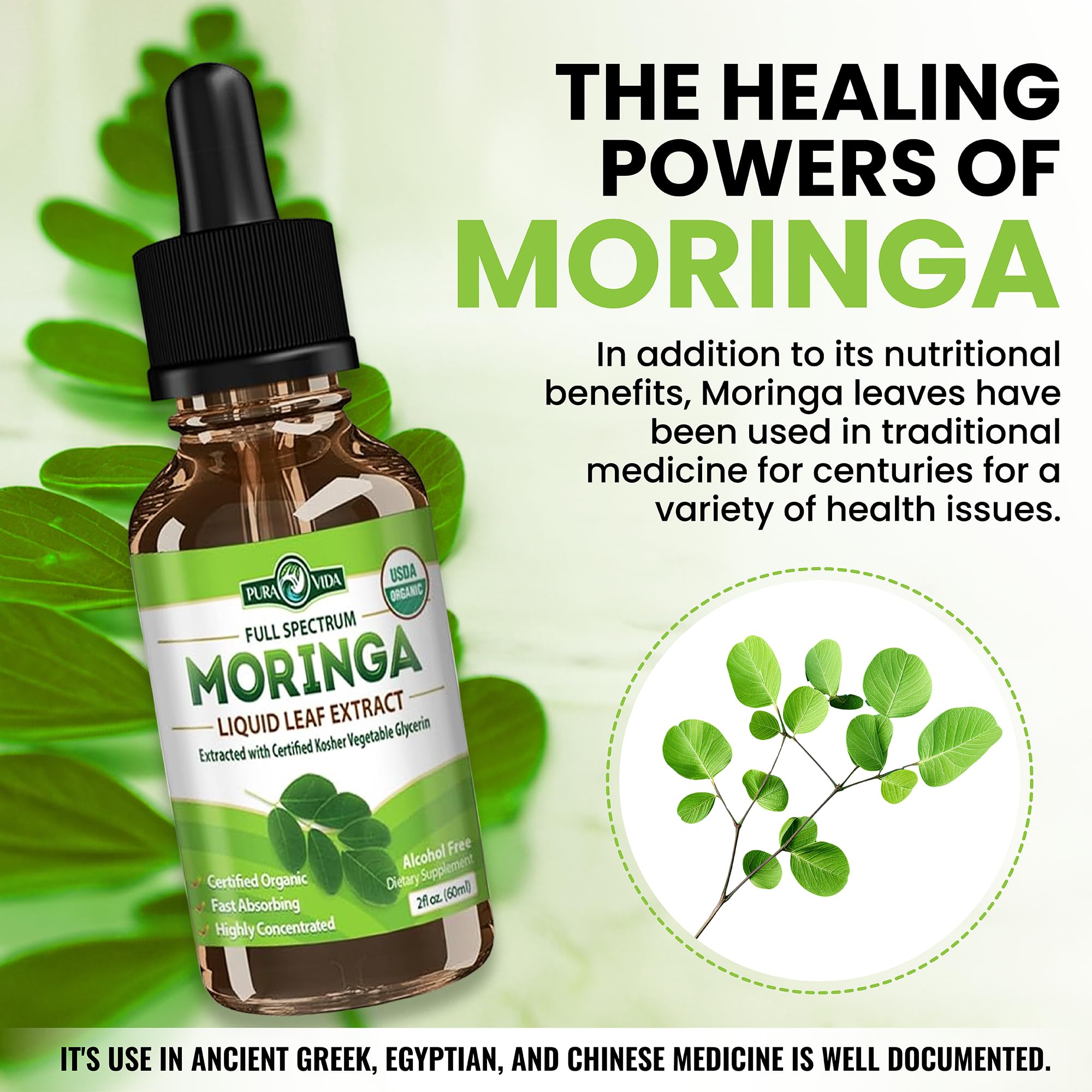 Close-up of PURA VIDA MORINGA drops vial ready for use