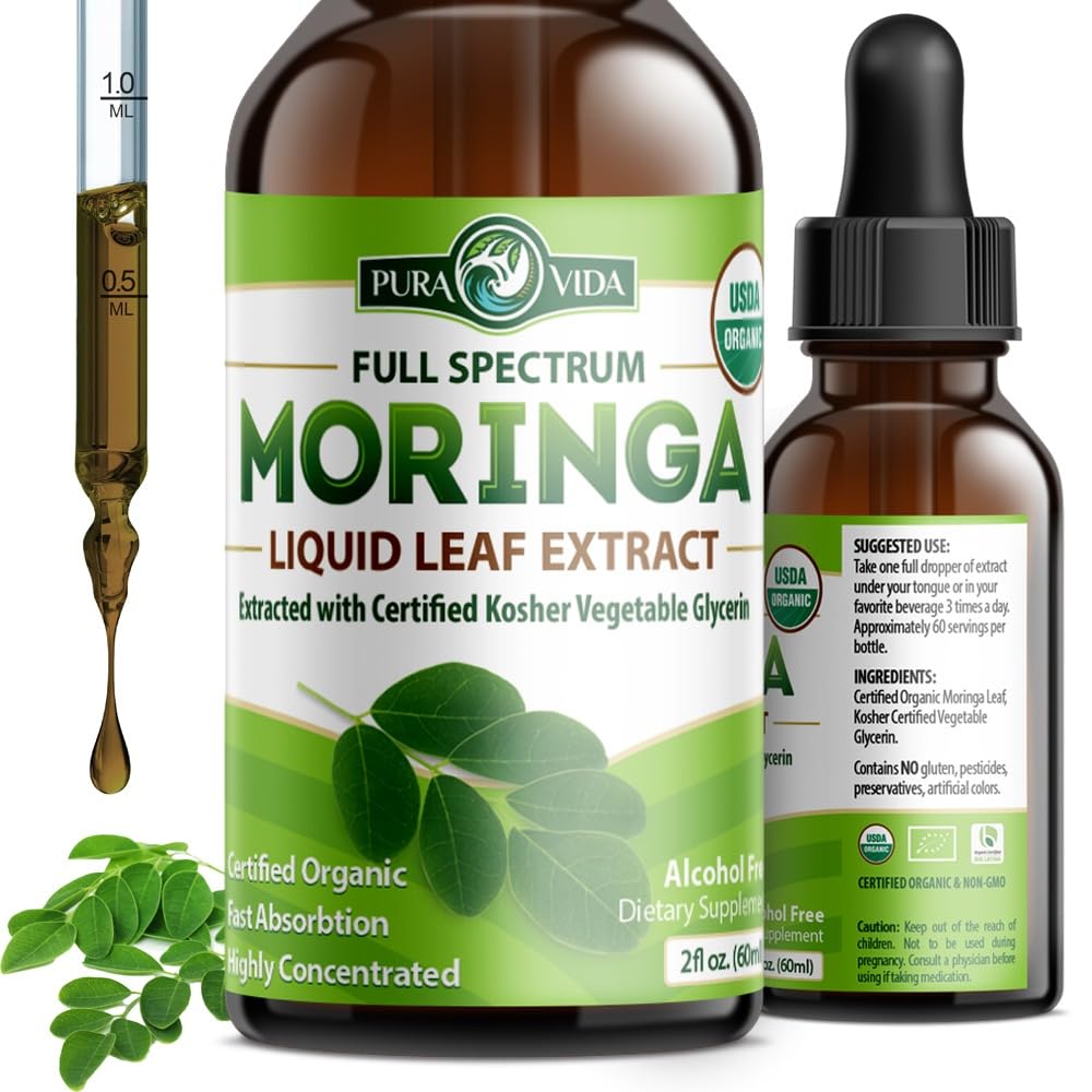 PURA VIDA MORINGA leaf extract liquid bottle showing pure, bioavailable formula for daily wellness