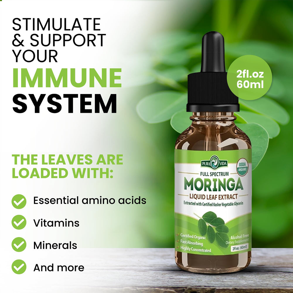 PURA VIDA MORINGA liquid drops being poured for easy dosing