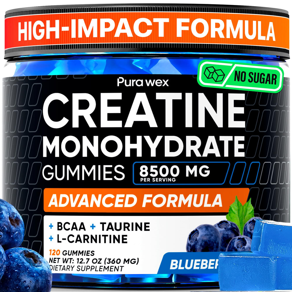 PURA WEX NUTRITION Creatine Gummies bottle close-up with blueberry flavor and convenience