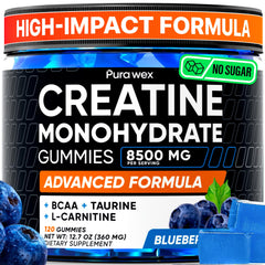 PURA WEX NUTRITION Creatine Gummies bottle close-up with blueberry flavor and convenience
