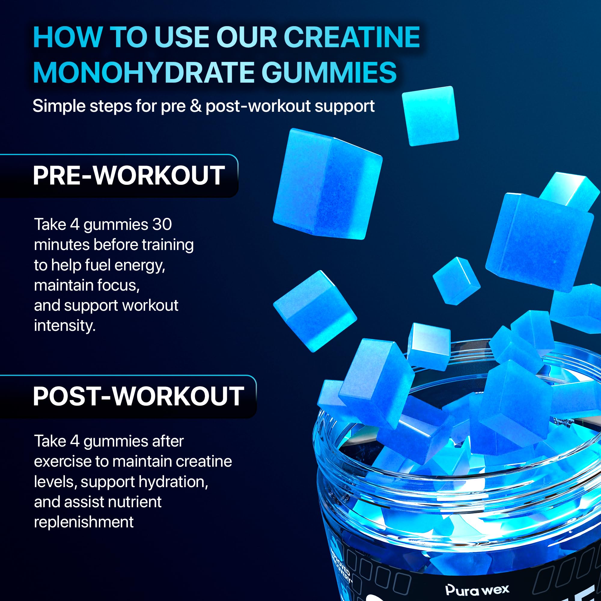 PURA WEX NUTRITION gummies beside a water bottle illustrate no-water-needed convenience