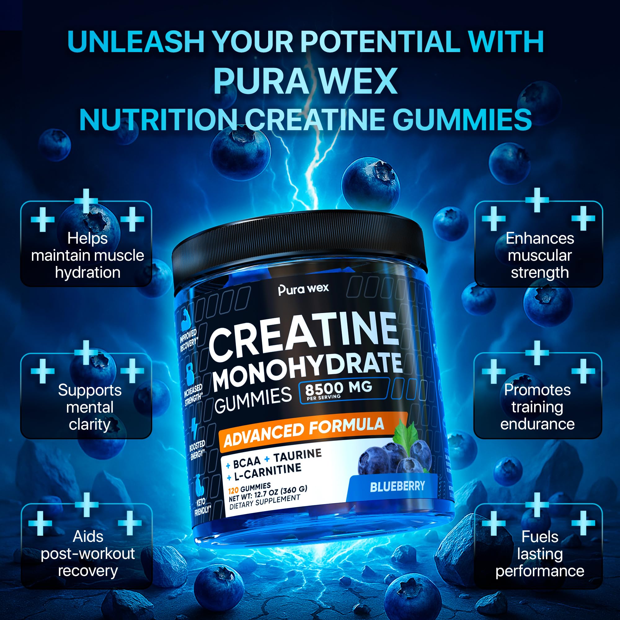 PURA WEX NUTRITION Creatine Gummies on a table showcase easy consumption