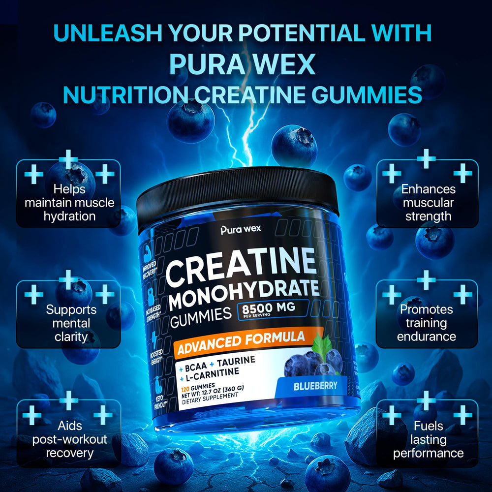 PURA WEX NUTRITION Creatine Gummies on a table showcase easy consumption
