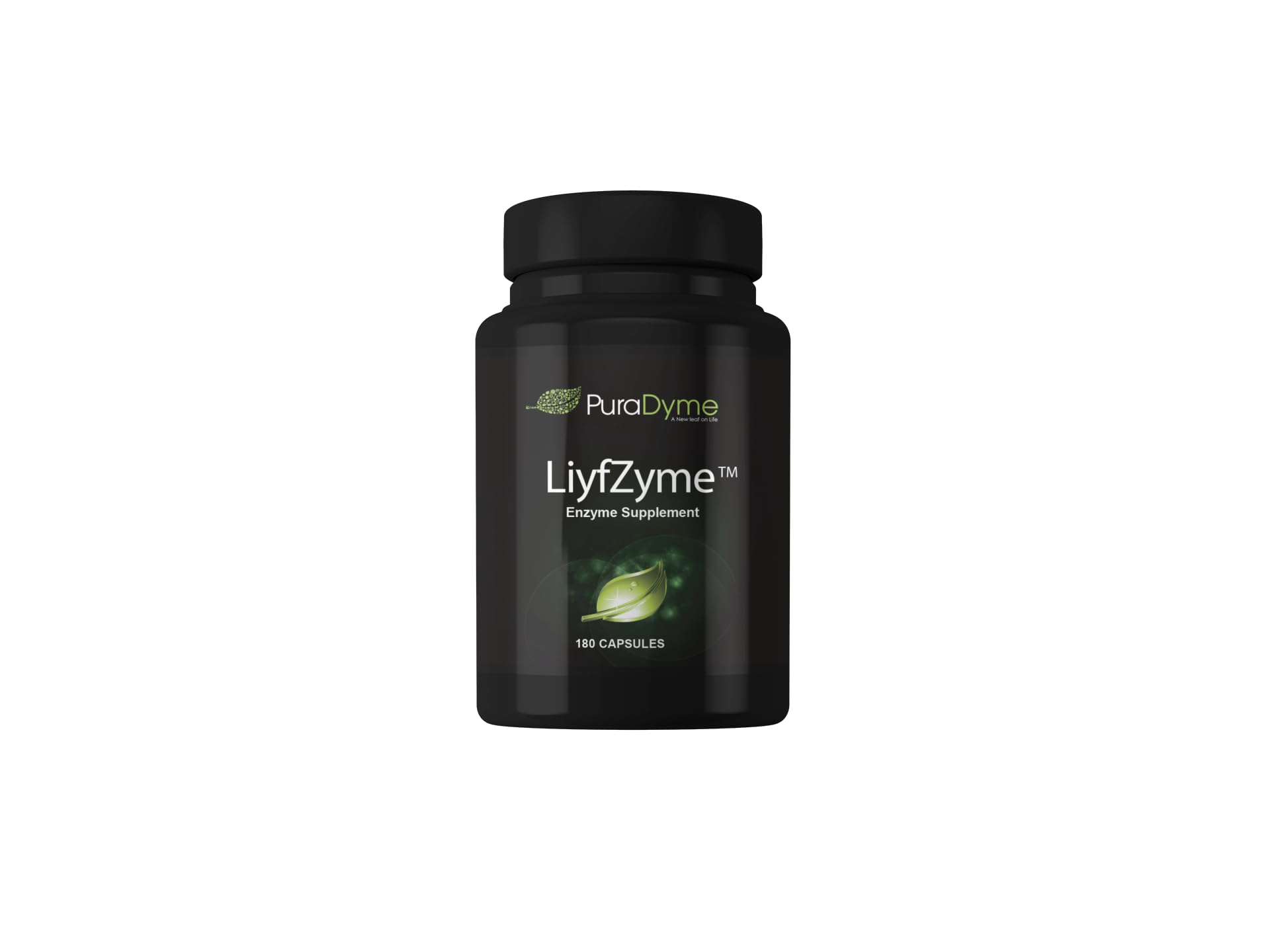 Puradyme LiyfZyme bottle front with plant-based capsules for digestion support.