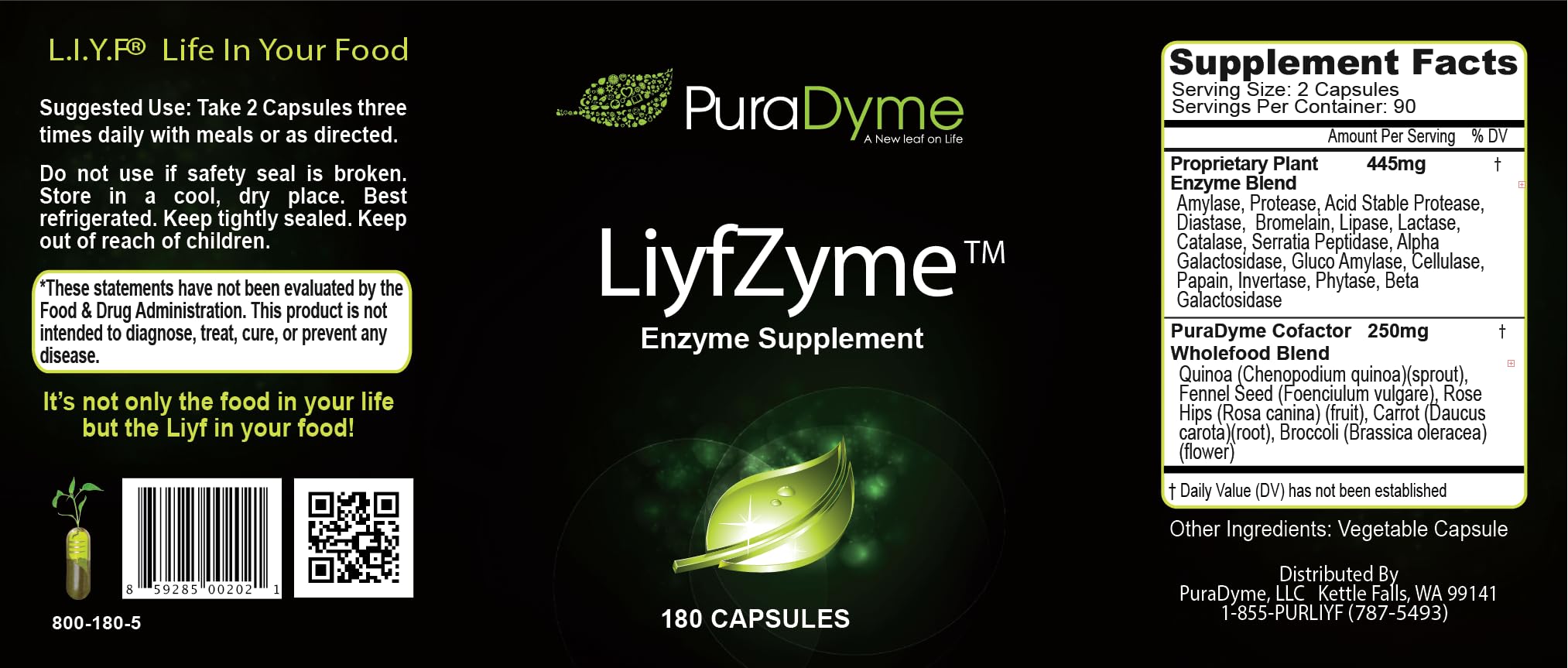 Puradyme LiyfZyme bottle ingredients panel highlighting 16 enzymes for broad dietary support.