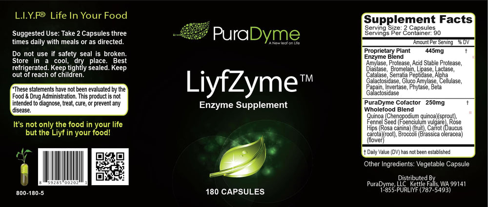 Puradyme LiyfZyme bottle ingredients panel highlighting 16 enzymes for broad dietary support.