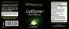 Puradyme LiyfZyme bottle ingredients panel highlighting 16 enzymes for broad dietary support.