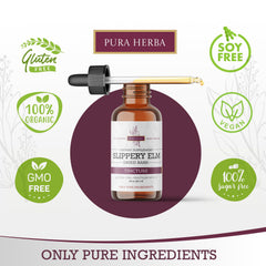 Pura Herba label on slippery elm tincture highlights non-GMO, gluten-free formula.