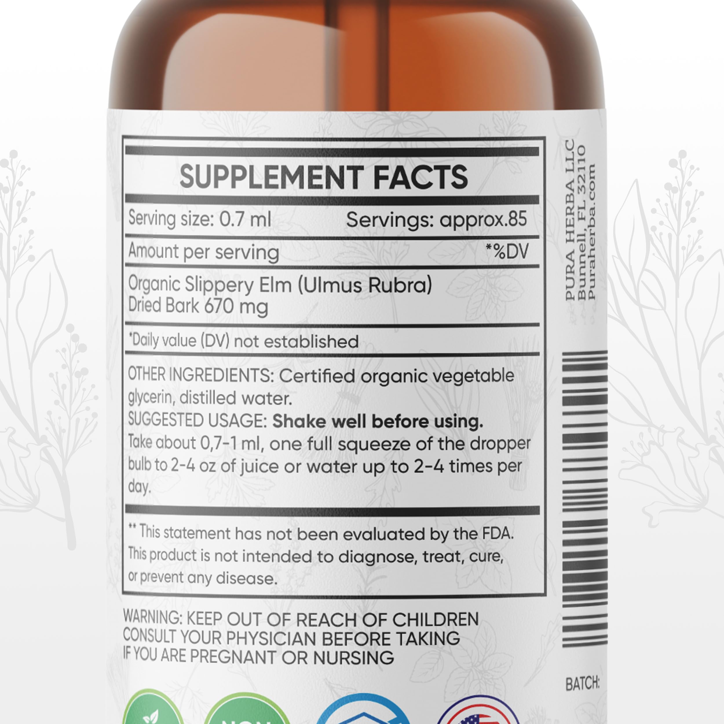 Pura Herba tincture pour demonstrates alcohol-free Ulmus rubra for throat comfort.