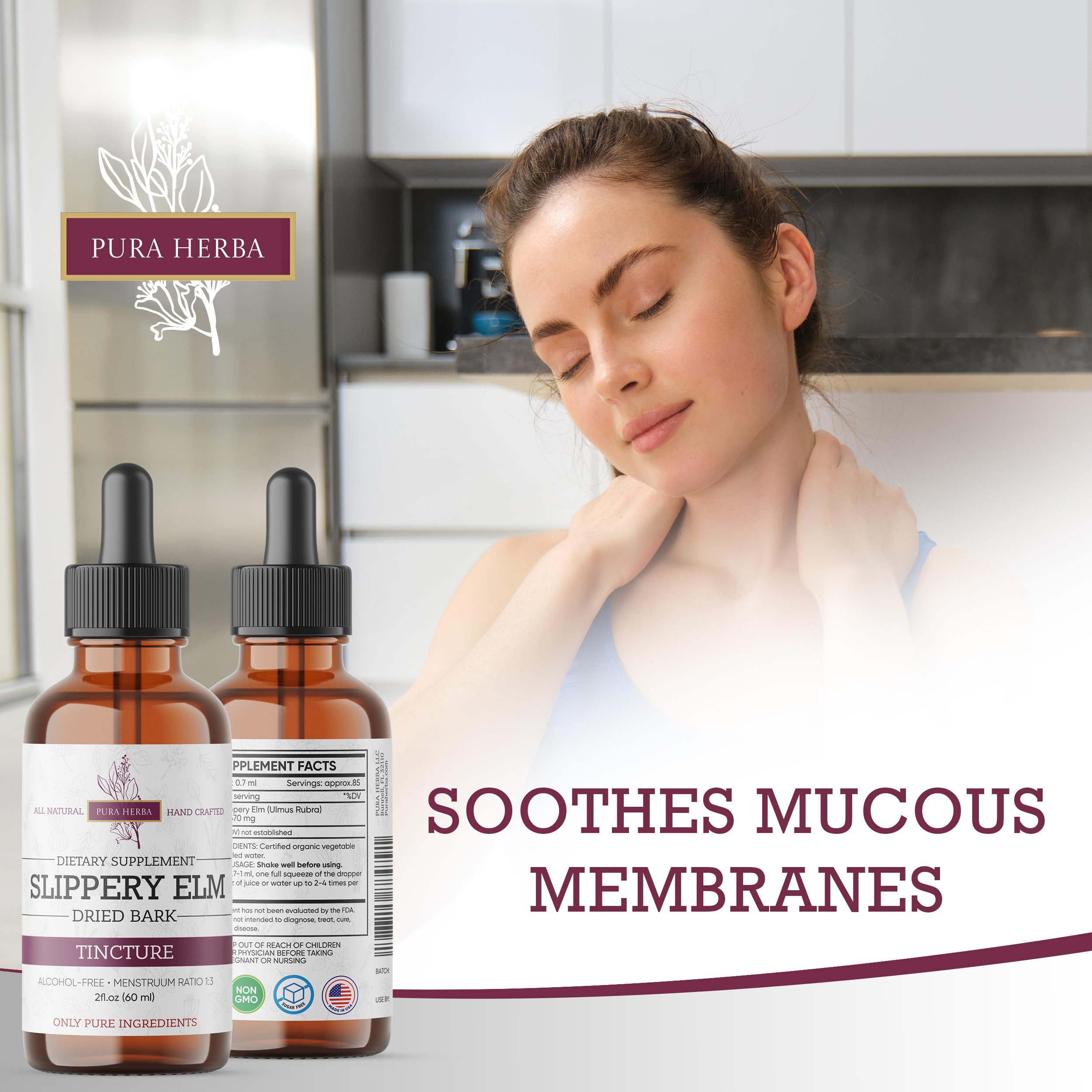 Pura Herba Ulmus rubra liquid extract illustration suggests mucilage soothing properties.