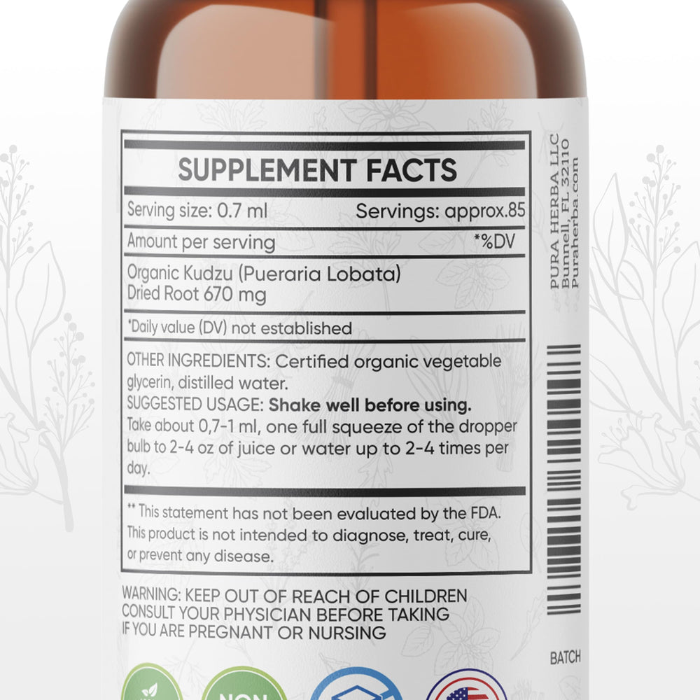 Pura Herba Kudzu ingredients panel indicating vegan and non-GMO composition