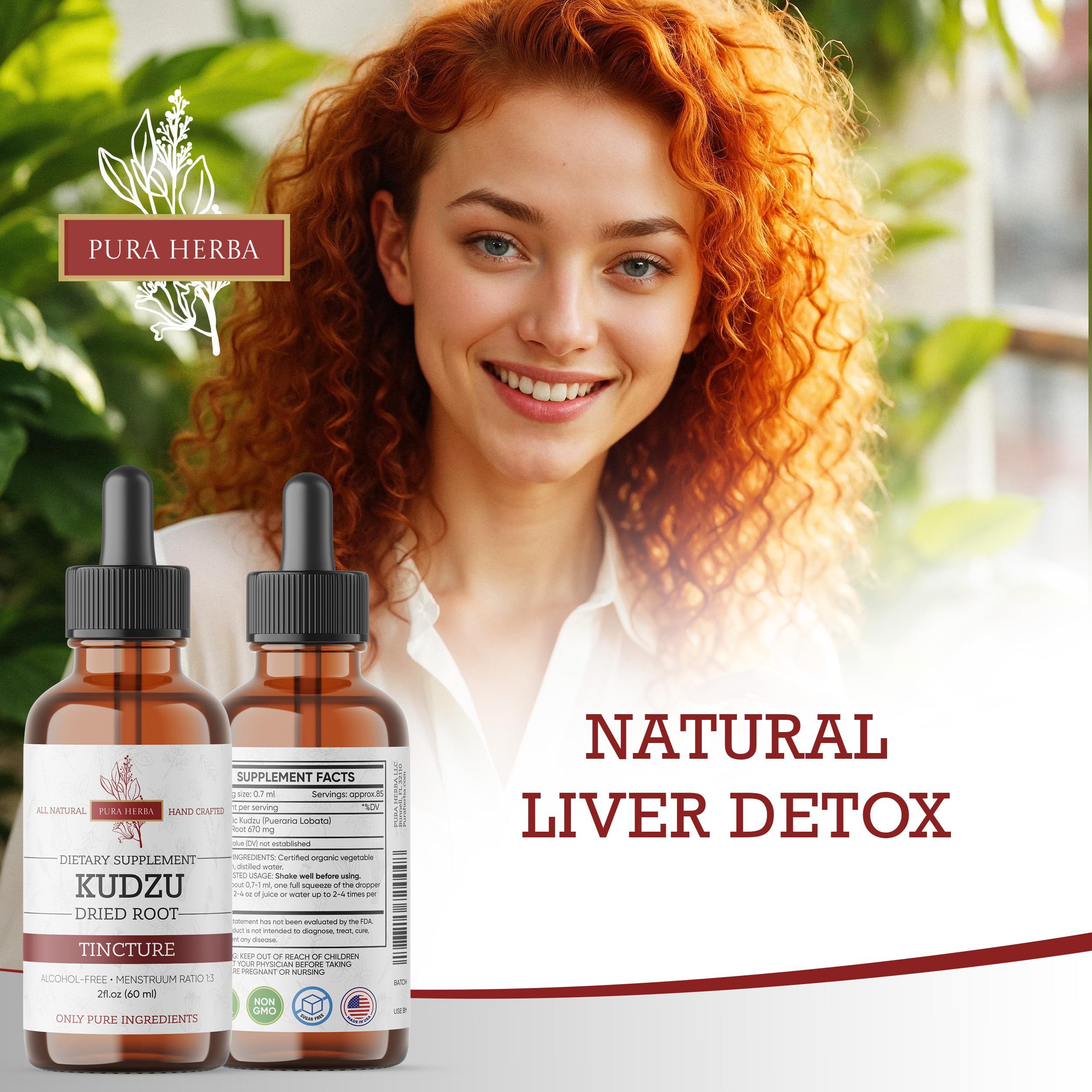 Pura Herba Kudzu label close-up highlighting organic and non-GMO ingredients
