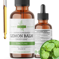 Pura Herba Lemon Balm Tincture bottle, alcohol-free calming herbal support.