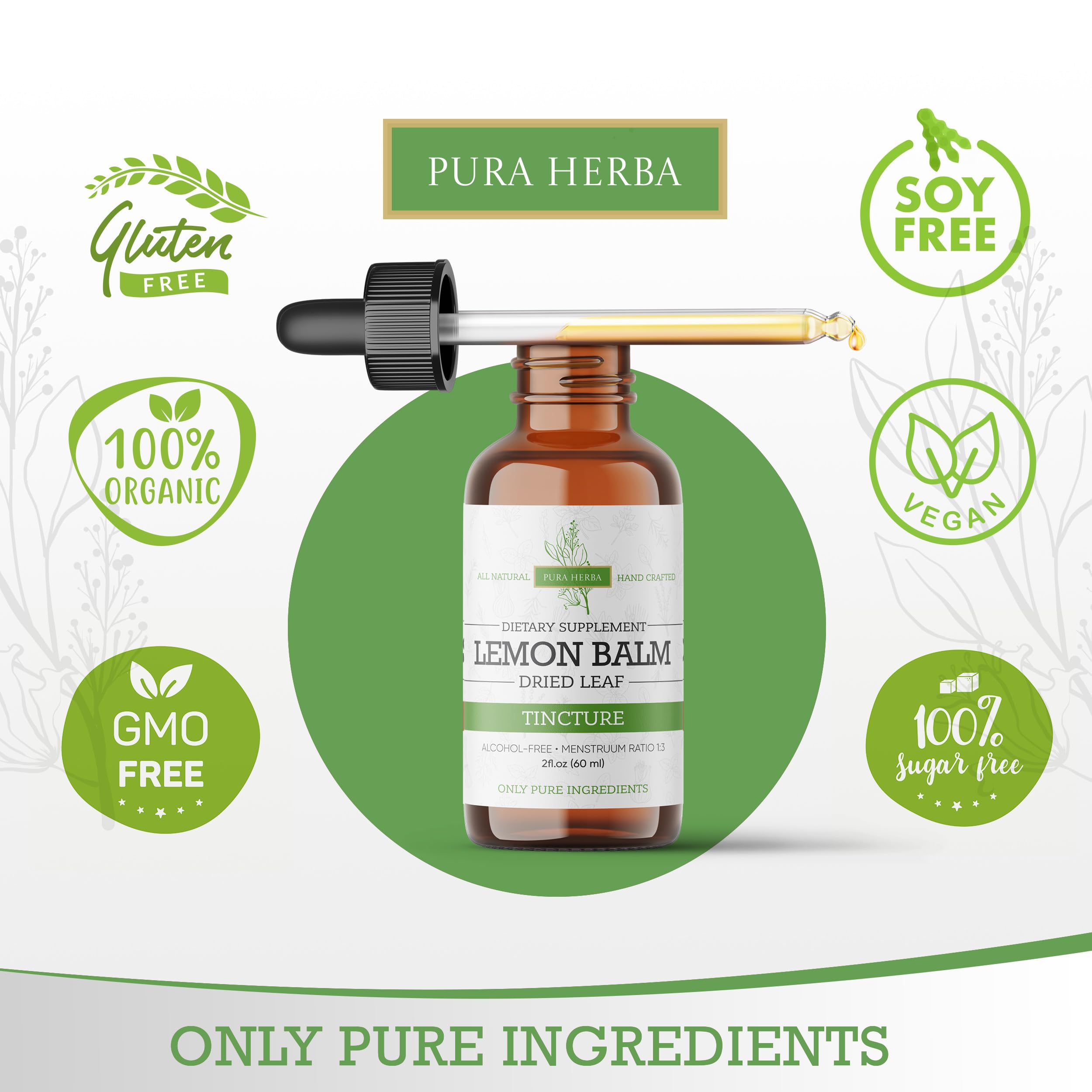 Pura Herba Lemon Balm Tincture dropper for easy daily use.