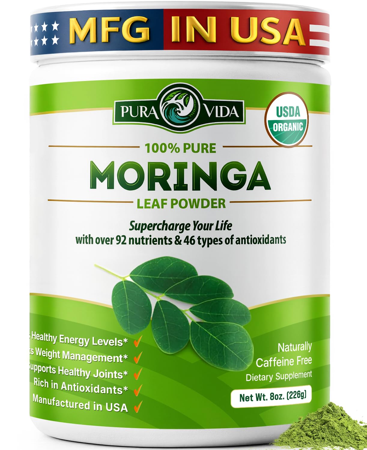PURA VIDA MORINGA powder bottle label shows single-origin purity for daily supplementation.