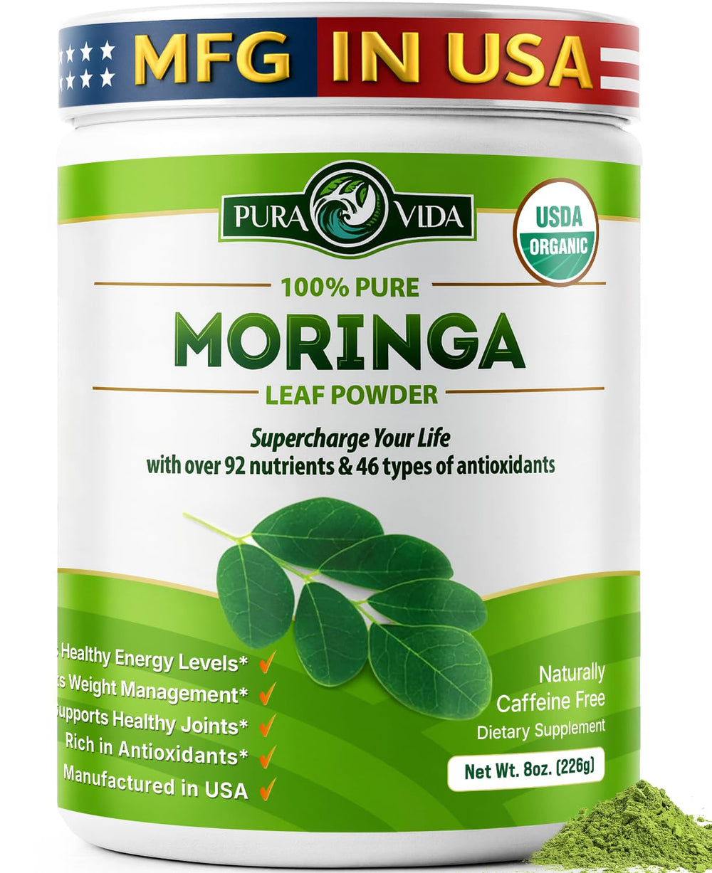 PURA VIDA MORINGA powder bottle label shows single-origin purity for daily supplementation.