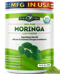 PURA VIDA MORINGA powder bottle label shows single-origin purity for daily supplementation.