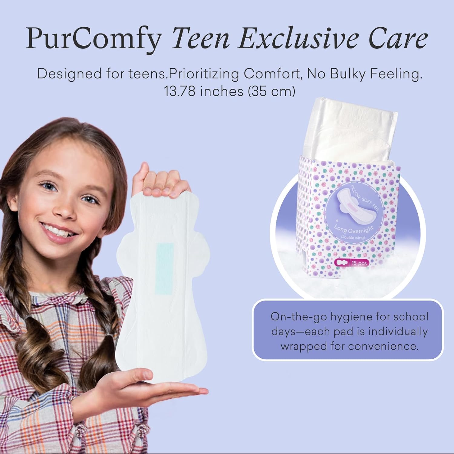 PurComfy pad wings closeup highlights leak-proof design for confidence