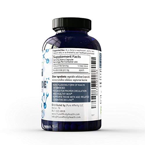Pure Affinity Nicotinamide label detail showing dosage and quality controls