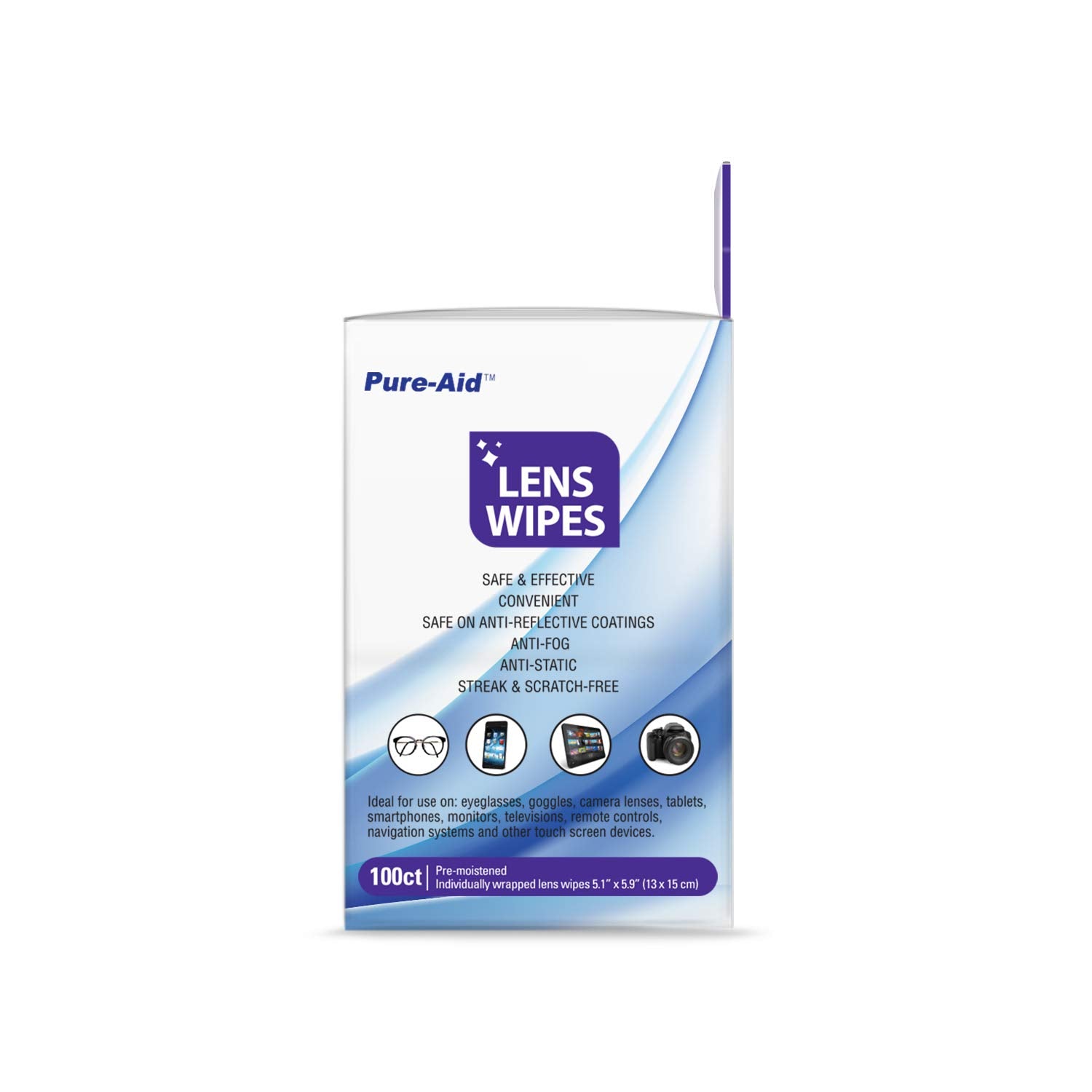 Pure-Aid Lens Wipes 100ct pack is convenient and portable for travel.