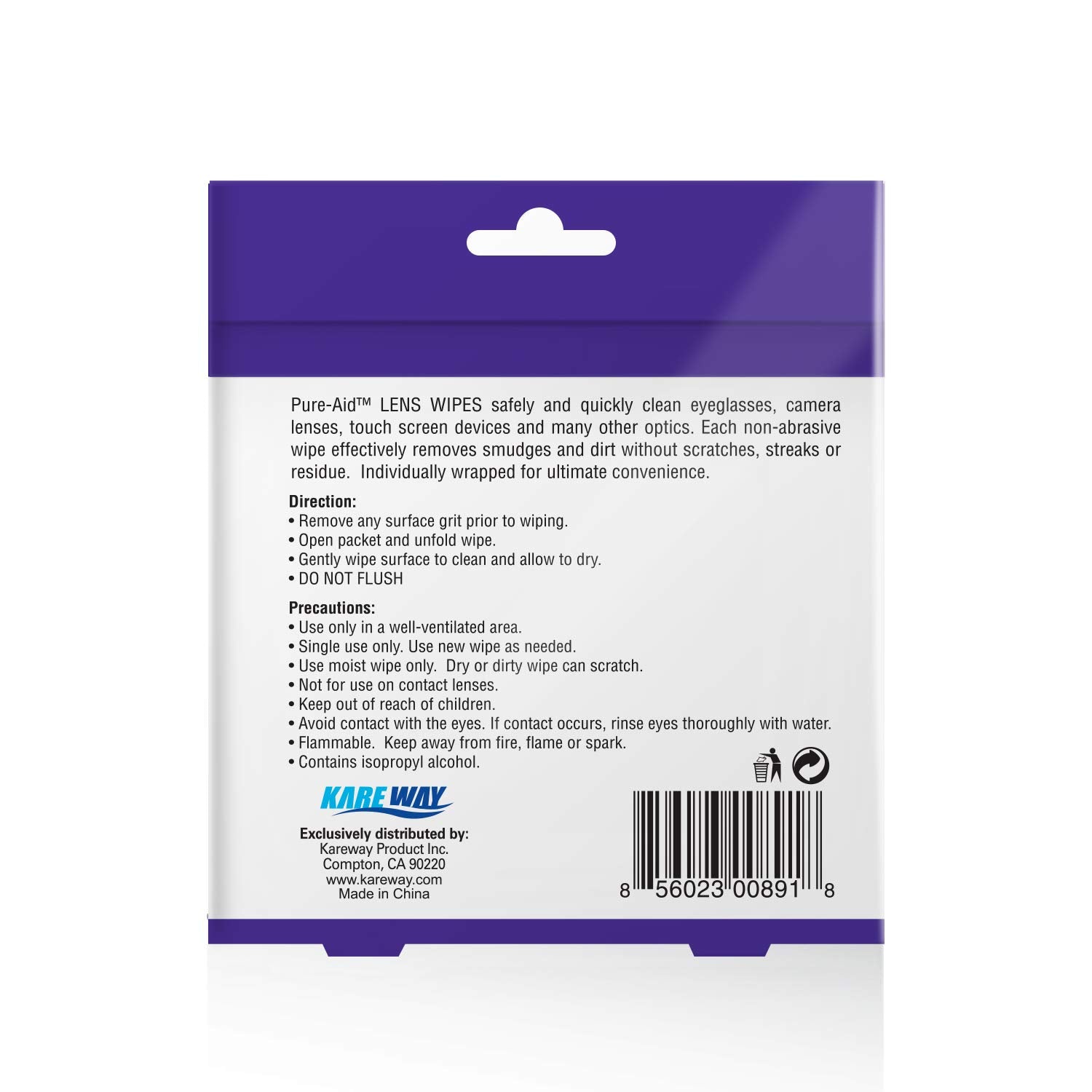 Pure-Aid Lens Wipes individually wrapped for single-use cleanliness anywhere.