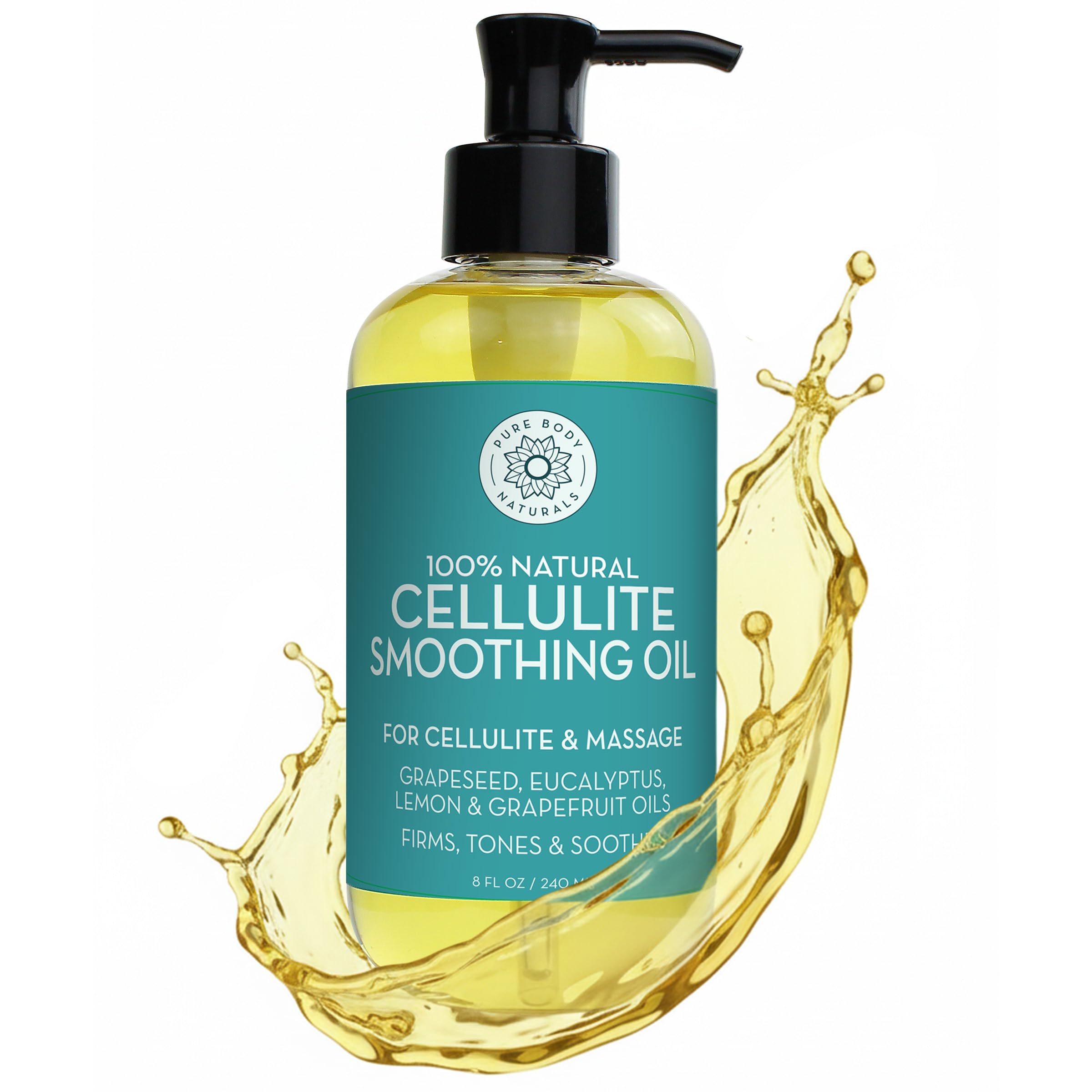 Pure Body Naturals Anti Cellulite Massage Oil bottle with pump for easy application.