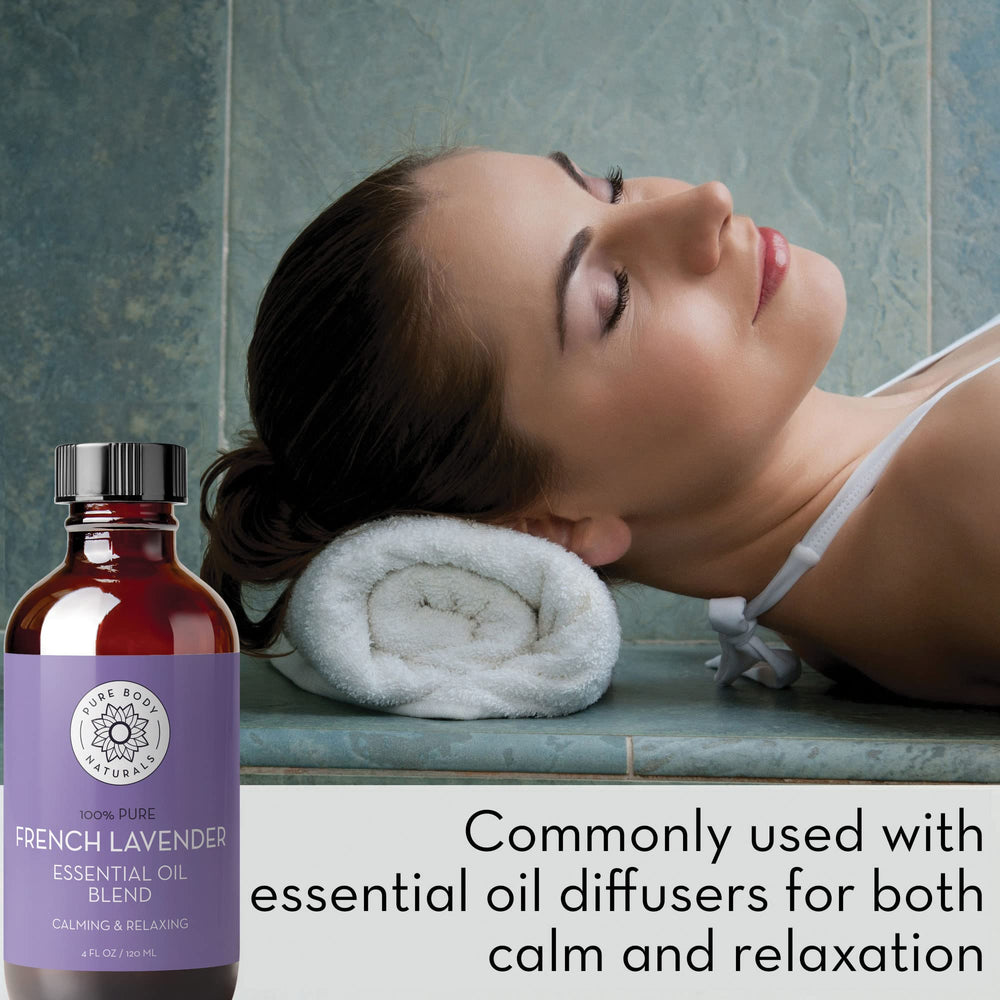 Pure Body Naturals Lavender Blend diffusing for relaxation and mood uplift.