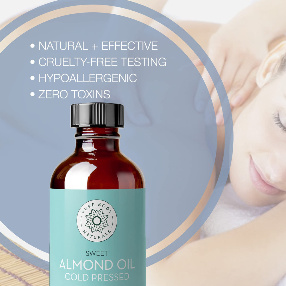 Pure Body Naturals Sweet Almond Oil label highlights cold-pressed, 100% pure oil.