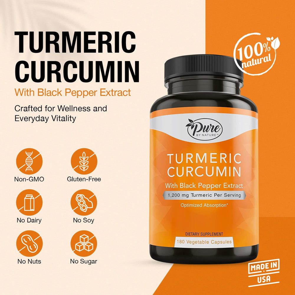 Pure By Nature turmeric curcumin capsules close-up shows organic turmeric and pepper for absorption.