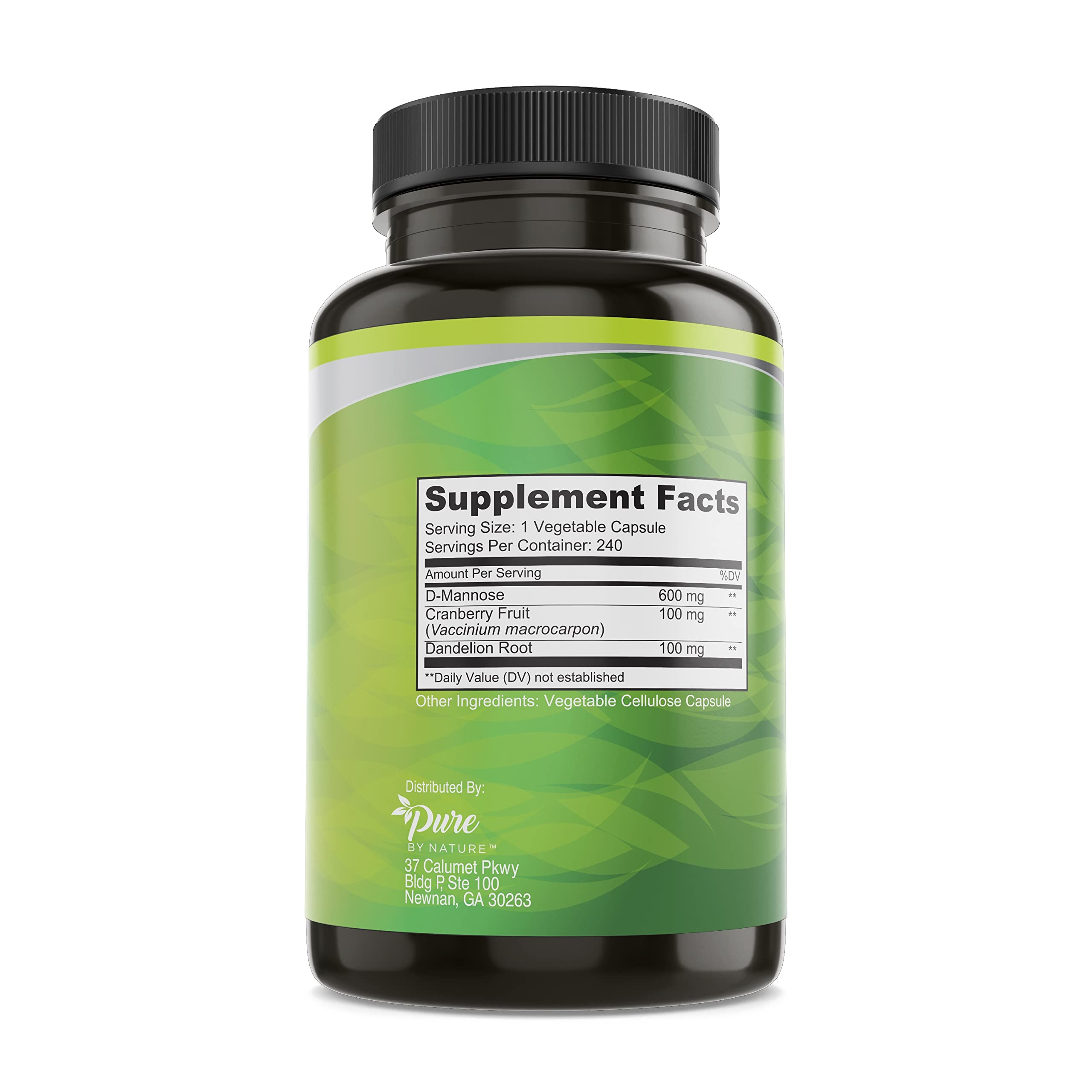 Pure By Nature vegan D-Mannose capsules closeup for easy daily urinary wellness.