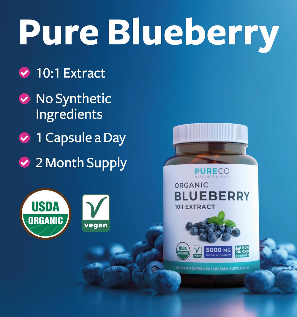 Pure Co blueberry extract capsules label closeup showing organic sourcing and verification.