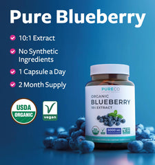 Pure Co blueberry extract capsules label closeup showing organic sourcing and verification.